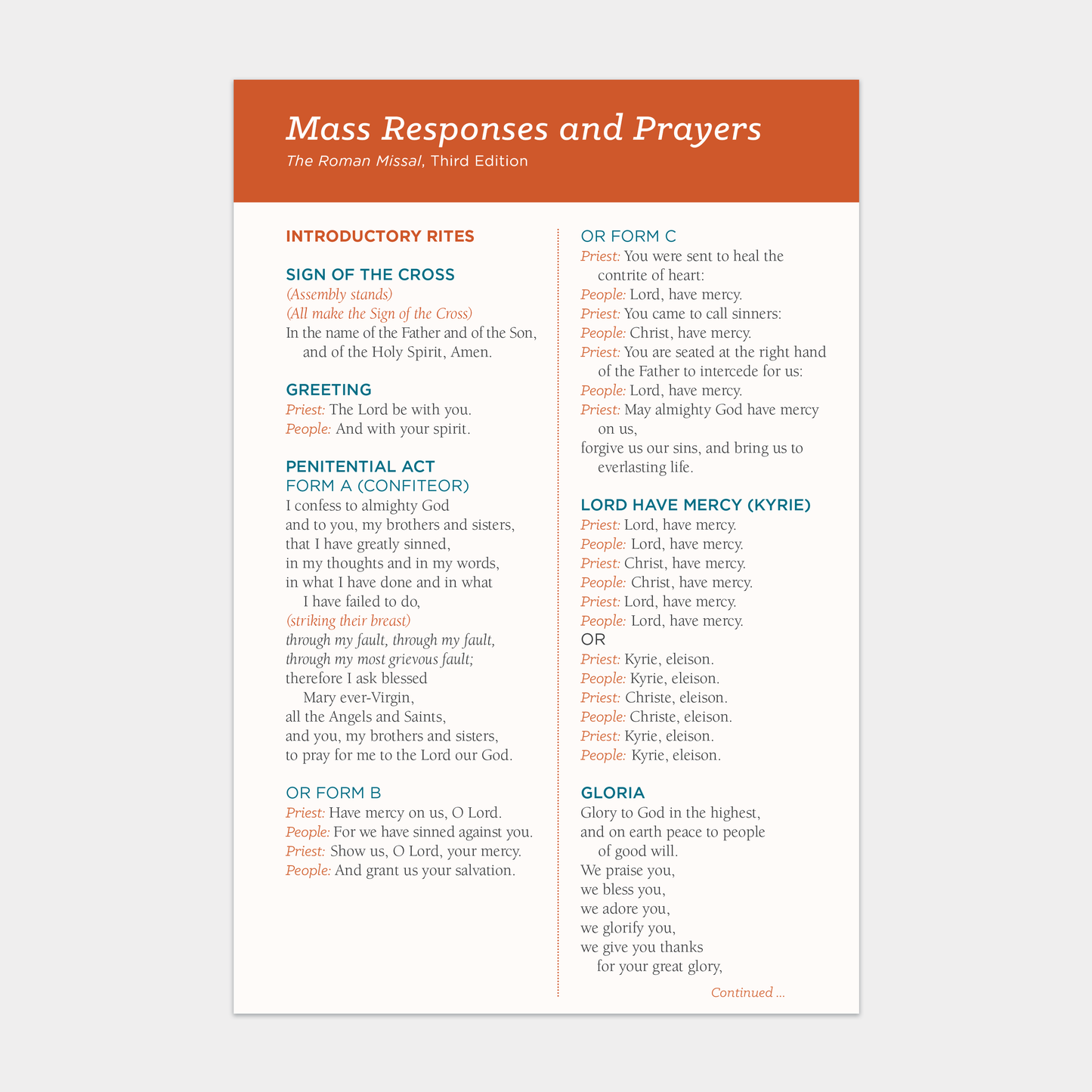 Mass Responses and Prayers Pew Card